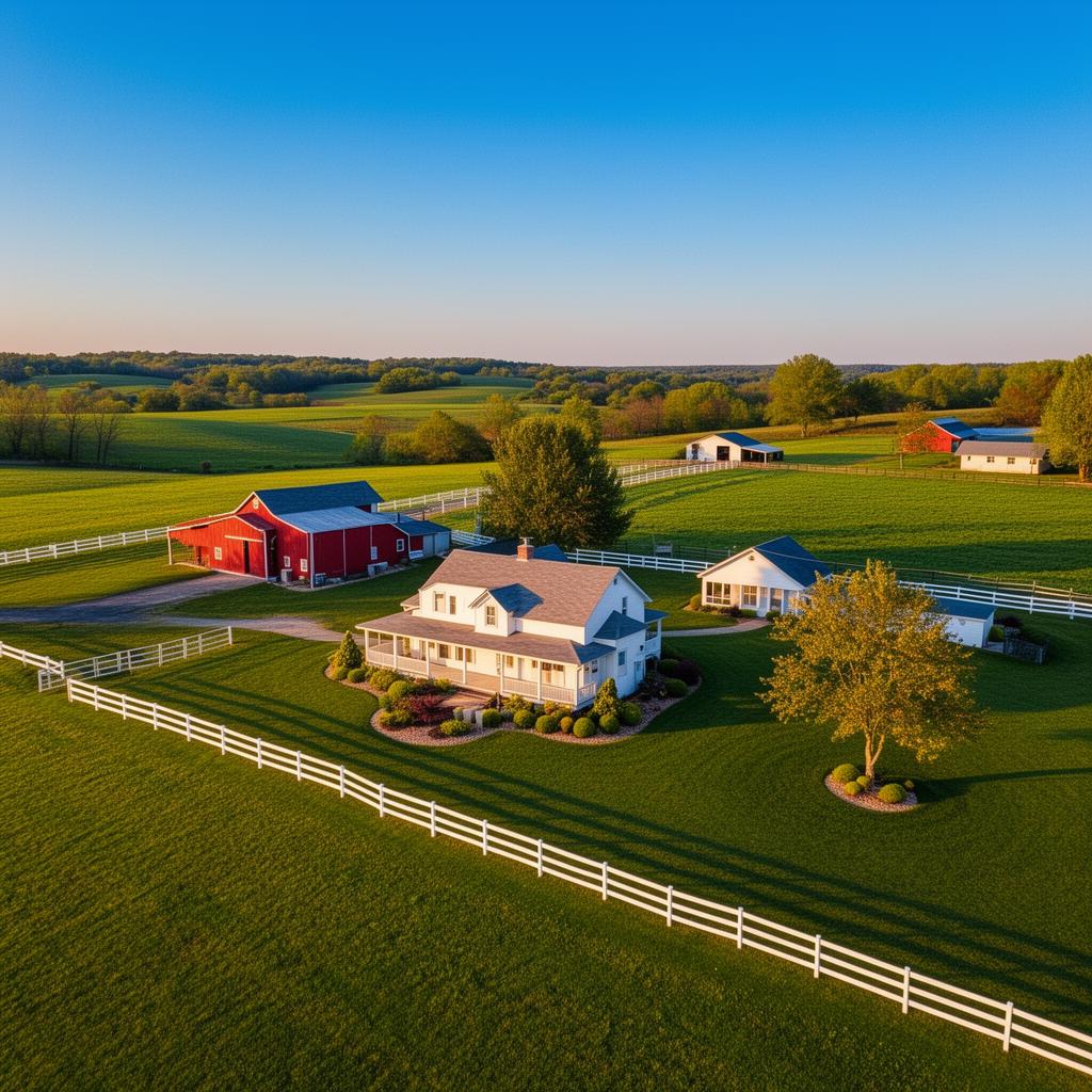Aerial view of hobby farm with red barn, white fence, pasture and farmhouse
